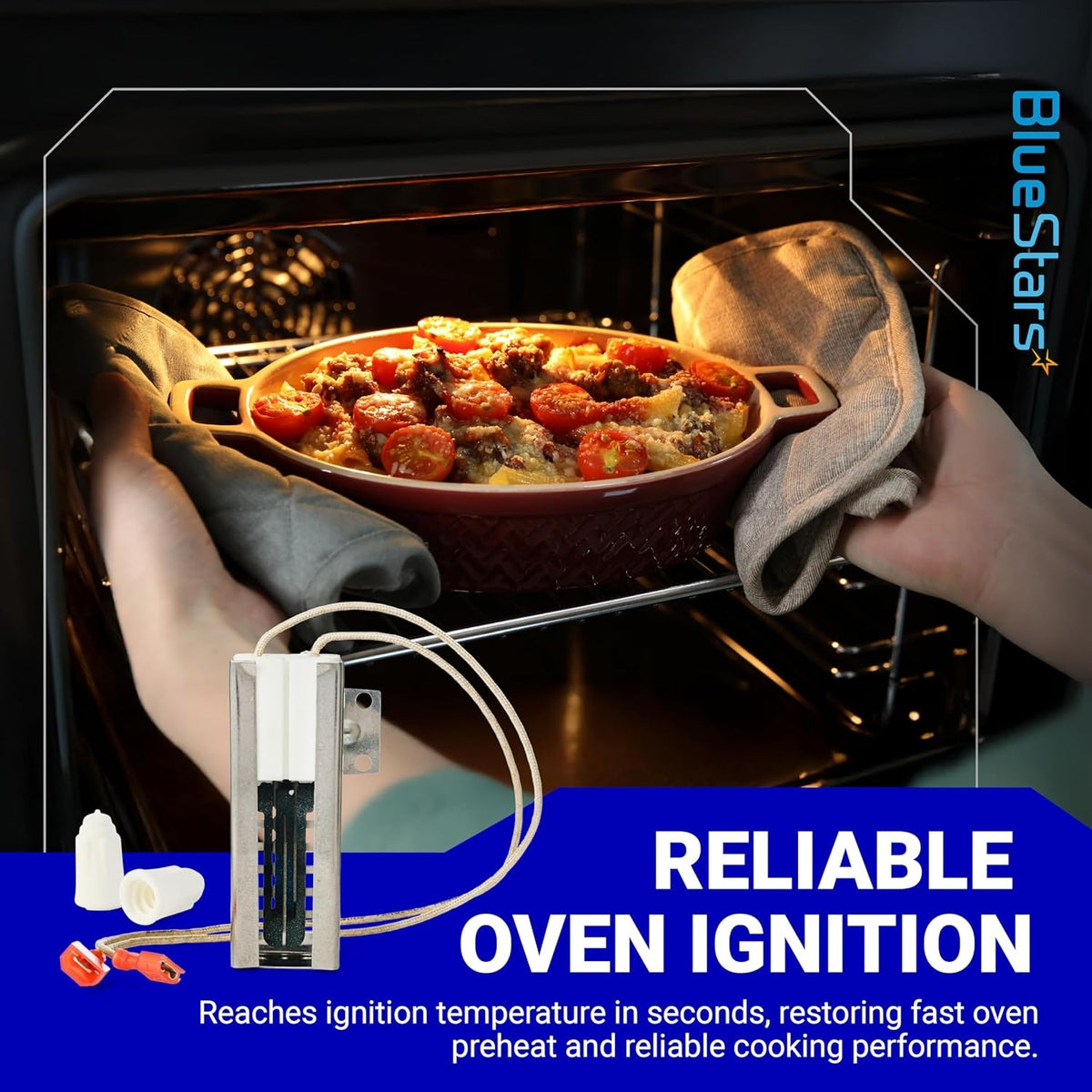 00492431 gas range oven igniter replacement part for Bosch and Thermador ovens with wire leads and ceramic connector.