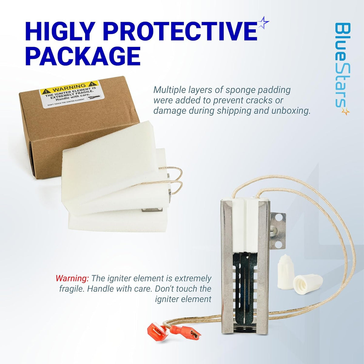 Protective packaging for 00492431 gas range oven igniter with sponge padding and fragile warning label.