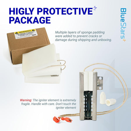 Protective packaging for 00492431 gas range oven igniter with sponge padding and fragile warning label.