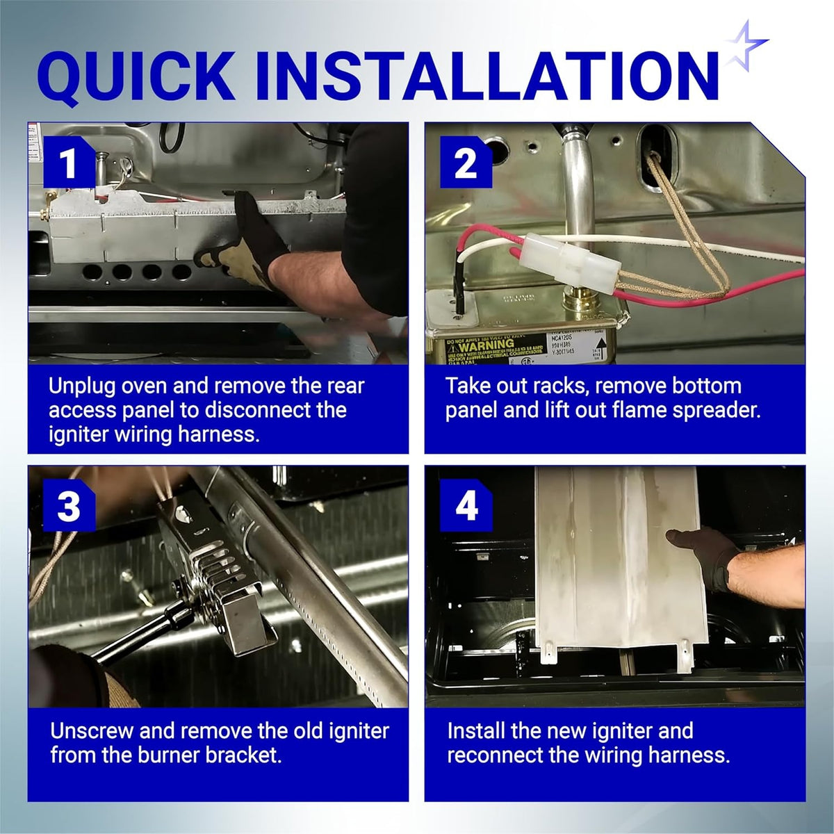 Four-step installation guide for replacing a Bosch Thermador gas range oven igniter.