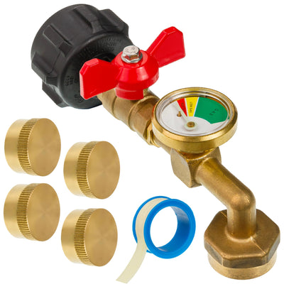 Solid brass propane refill elbow adapter with gauge, four brass caps, and thread seal tape for 1 lb. tanks.