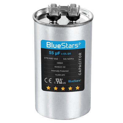 BlueStars 55 uF 370/440 VAC CBB65 round run capacitor for AC motors and heat pumps.