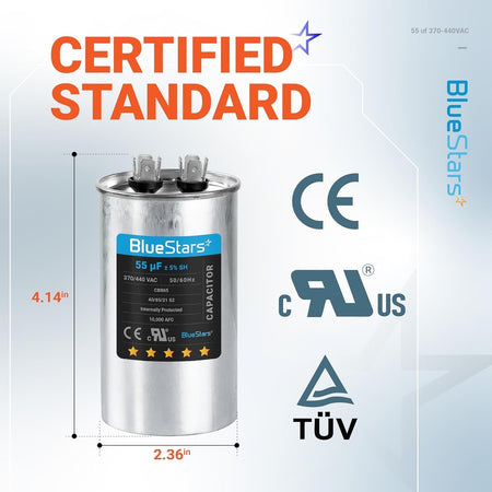 BlueStars 55 uF 370/440 VAC CBB65 round run capacitor with dimensions and certification labels.