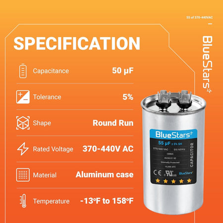 Technical specification chart for 55 uF 370/440 VAC CBB65 round run capacitor with product details.