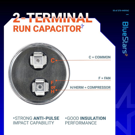 Top view of 55 uF 370/440 VAC CBB65 run capacitor showing 2-terminal layout and connection labels.