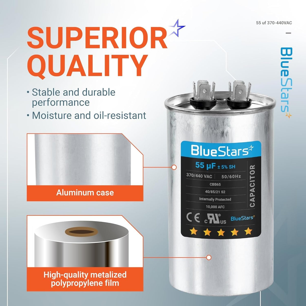 BlueStars 55 uF 370/440 VAC CBB65 round run capacitor with aluminum case and metalized film construction.