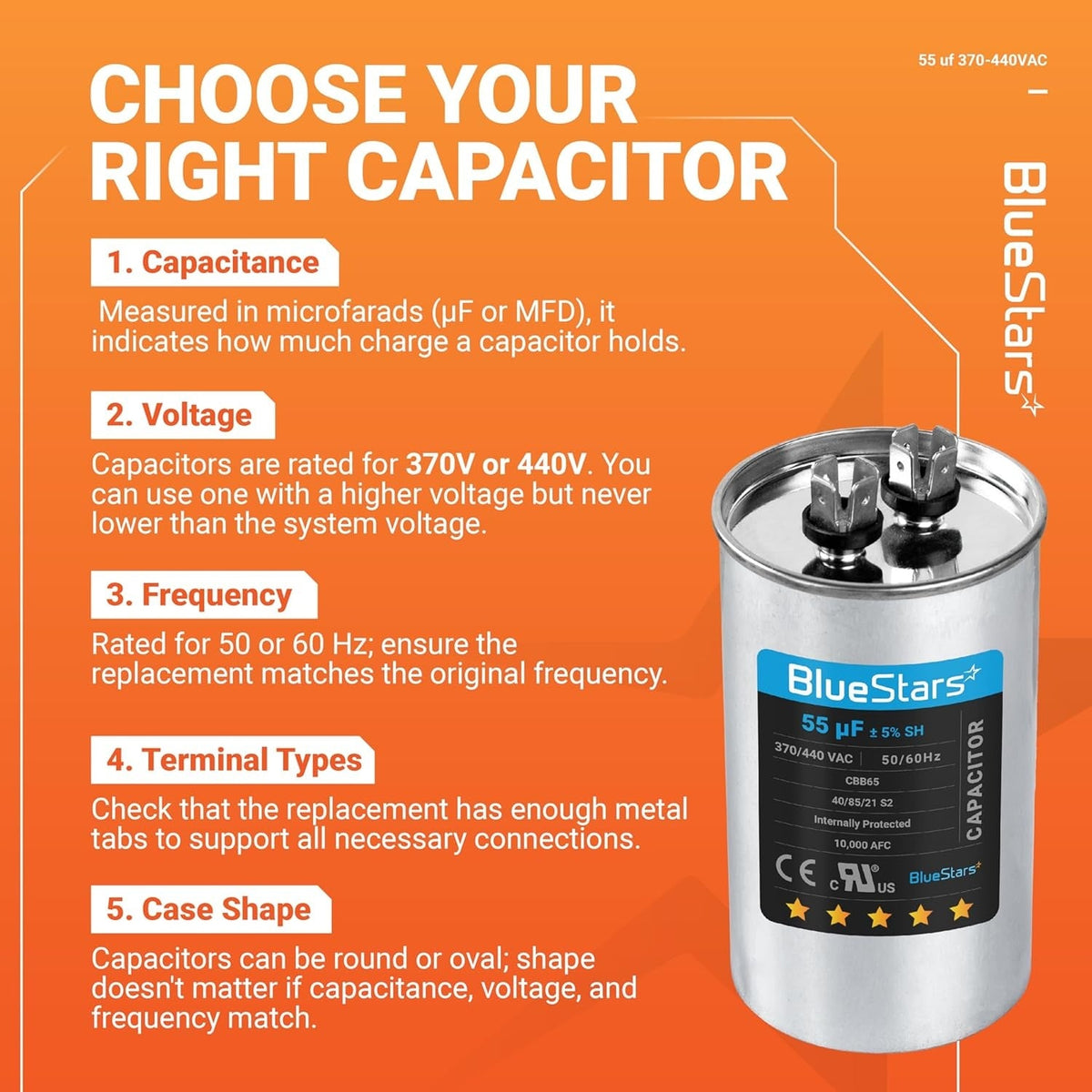 Educational infographic showing how to choose a 55 uF 370/440 VAC CBB65 round run capacitor for AC and motor systems.