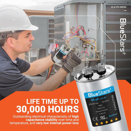 Technician installing a 55 uF 370/440 VAC CBB65 round run capacitor into an AC unit.