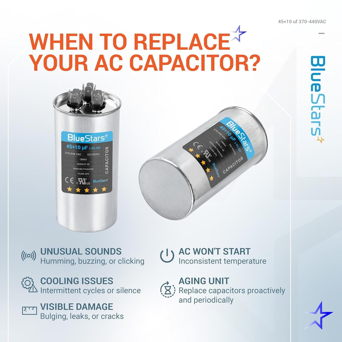 Infographic showing 45+10 uF dual run capacitor with signs indicating when to replace your AC unit capacitor.