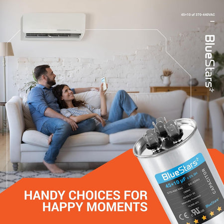 45+10 uF dual run round capacitor for AC unit and heat pump fan motors shown in a lifestyle marketing graphic.