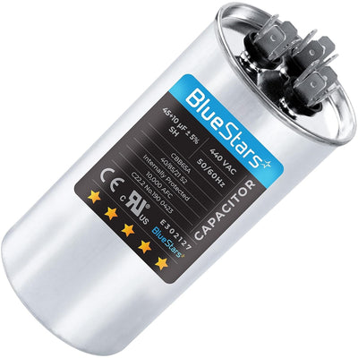 BlueStars 45+10 uF dual run round capacitor for AC unit fan motors and heat pumps.