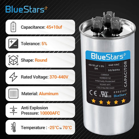BlueStars 45+10 uF dual run round capacitor with technical specifications chart for AC unit and heat pump motors.