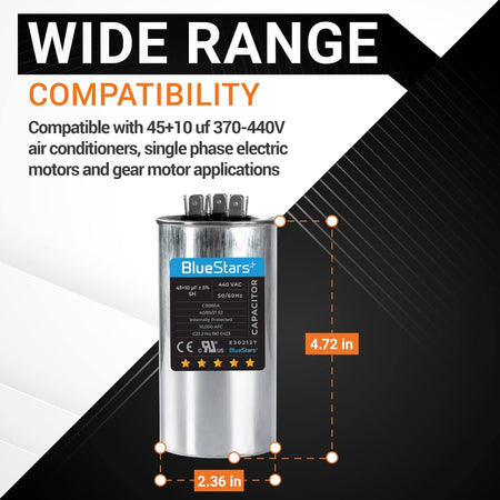 45+10 uF dual run capacitor with 4.72 inch height and 2.36 inch diameter dimensions for AC unit motors.