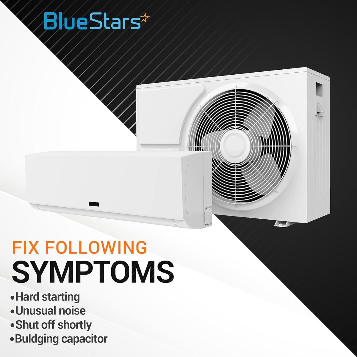 Infographic showing AC unit and symptoms fixed by a 45+10 uF dual run start capacitor replacement.