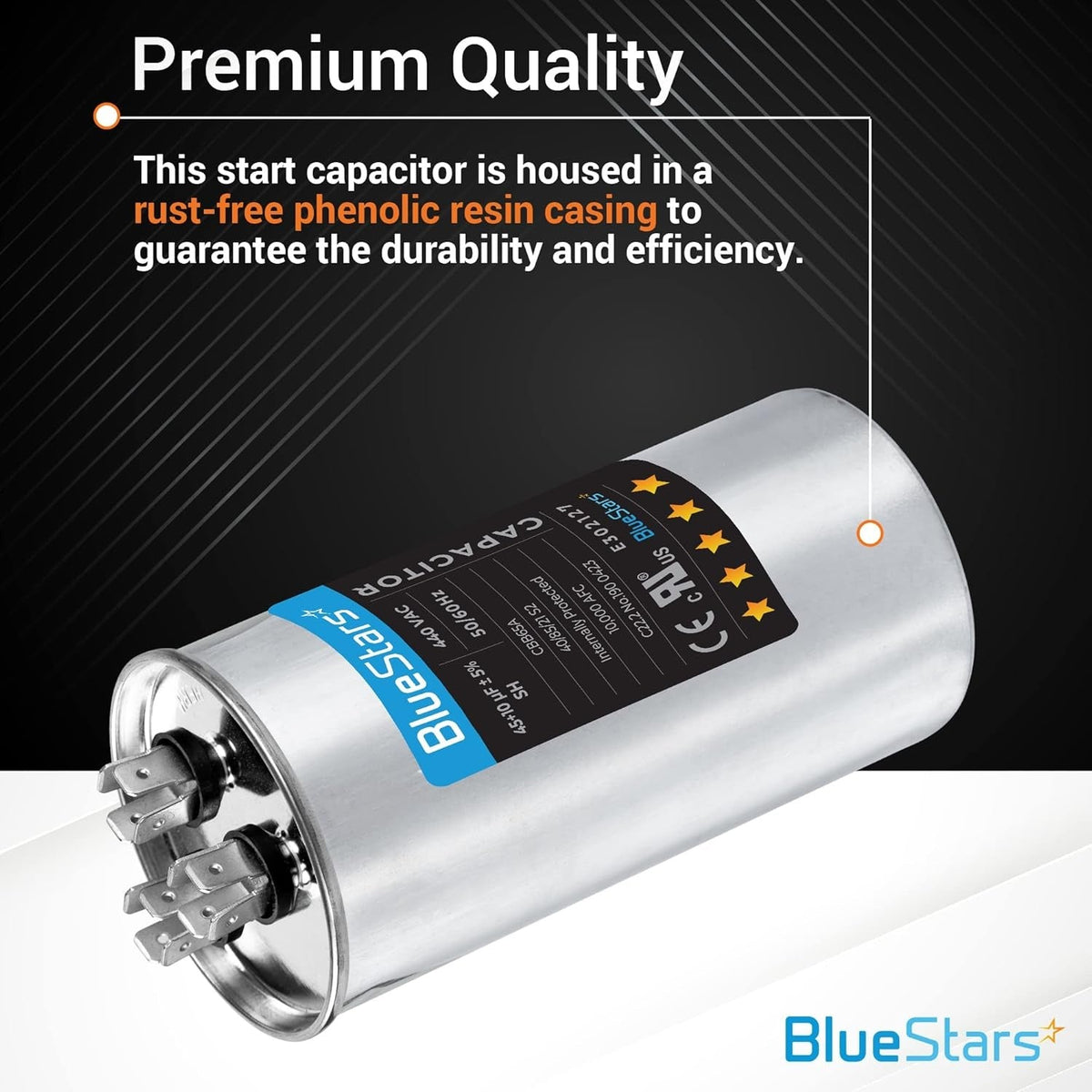 45+10 uF dual run capacitor with rust-free phenolic resin casing for AC unit fan motor and heat pump.
