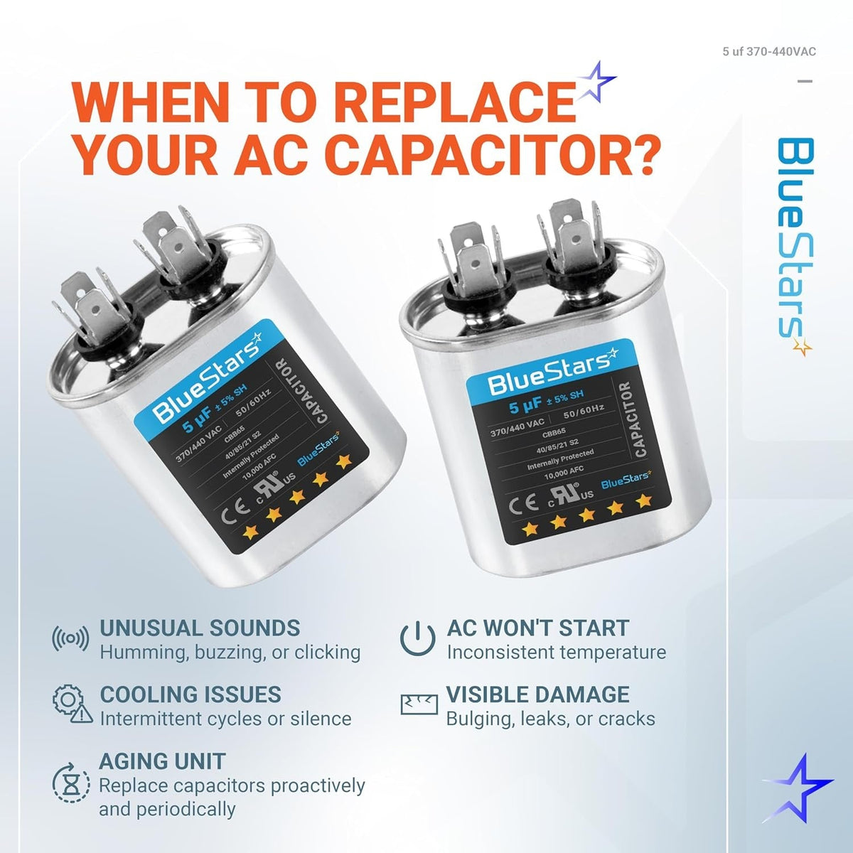 Infographic showing two 5 uF 370/440 VAC oval run capacitors and signs indicating when to replace an AC capacitor.