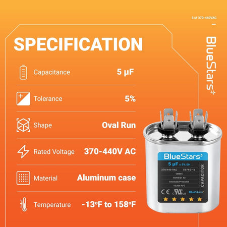 Infographic showing technical specifications for a 5 uF 370/440 VAC oval run capacitor.