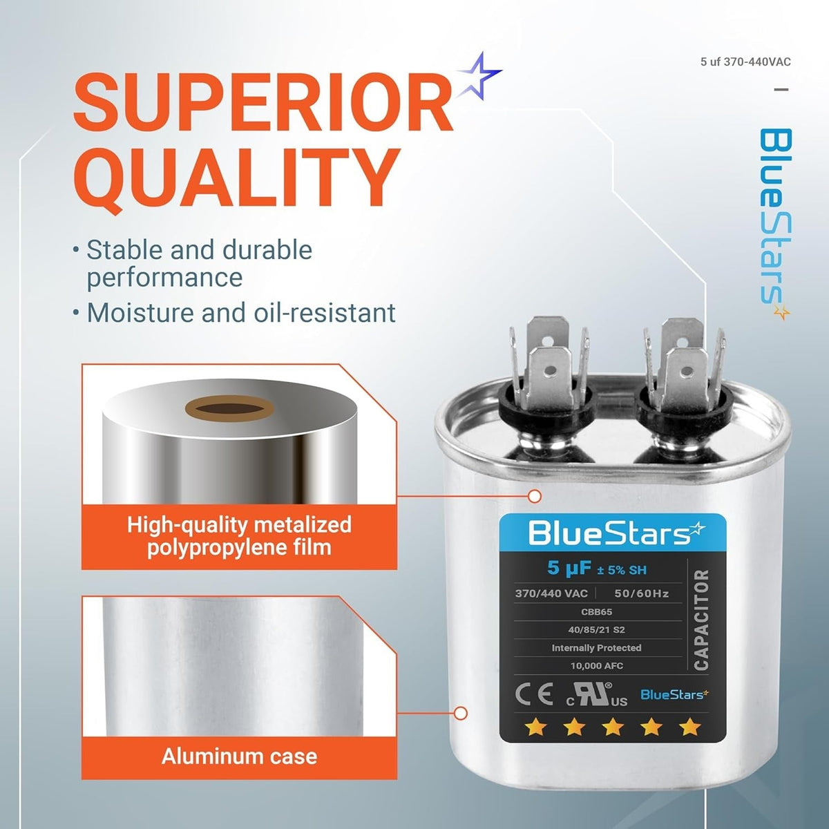 BlueStars 5 uF 370/440 VAC oval run capacitor showing metalized film construction and aluminum case details.