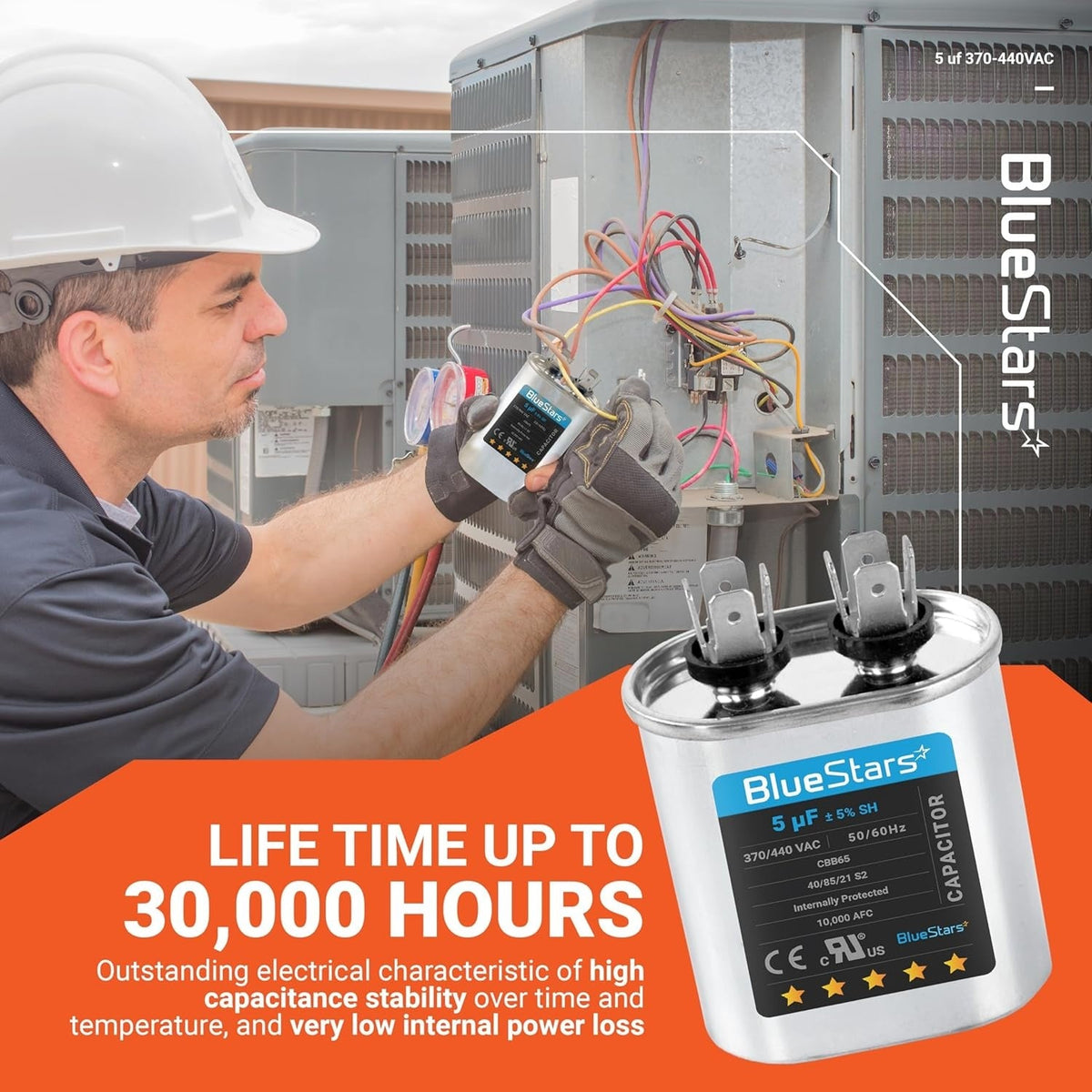 Technician installing a 5 uF 370/440 VAC oval run start capacitor in an AC unit.