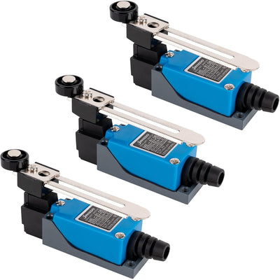 Three ME-8108 momentary roller lever arm limit switches with blue and black housings.