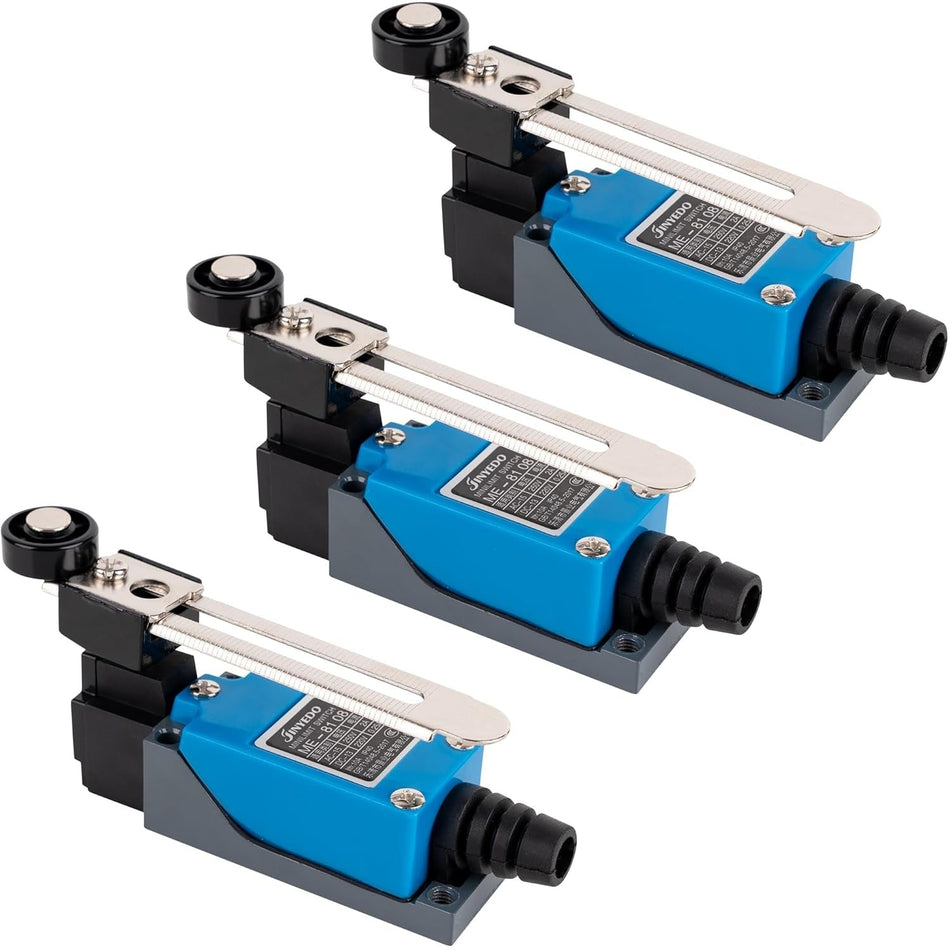 Three ME-8108 momentary roller lever arm limit switches with blue and black housings.