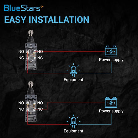 Wiring diagram showing installation of ME-8108 momentary roller lever arm limit switches with power supply and equipment.