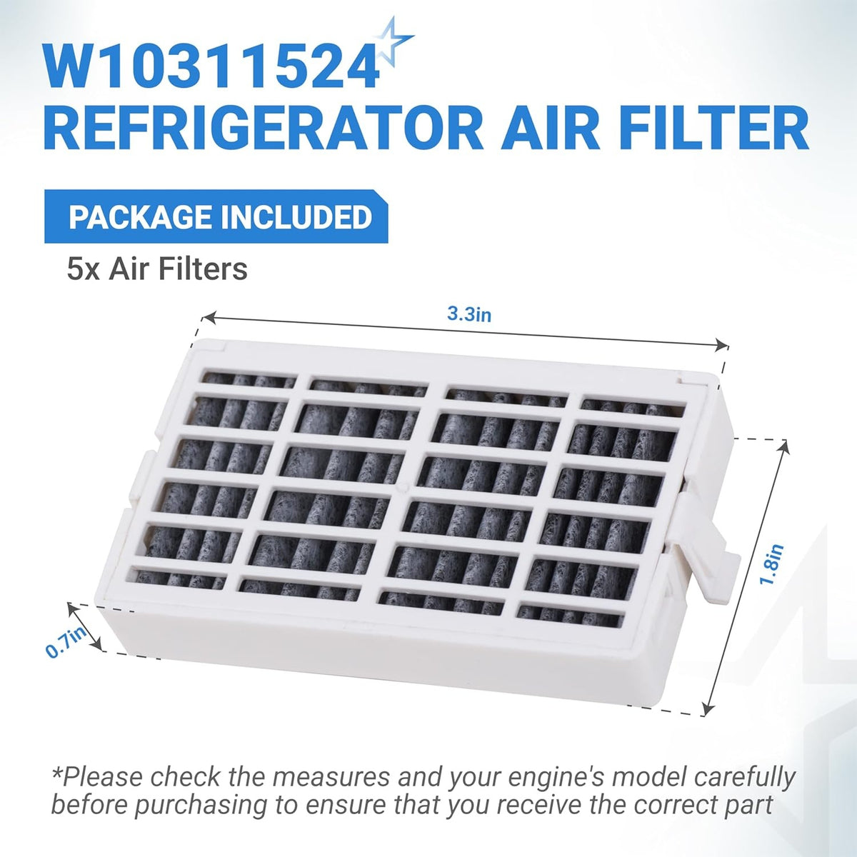 W10311524 refrigerator air filter cartridge showing dimensions and product specifications.