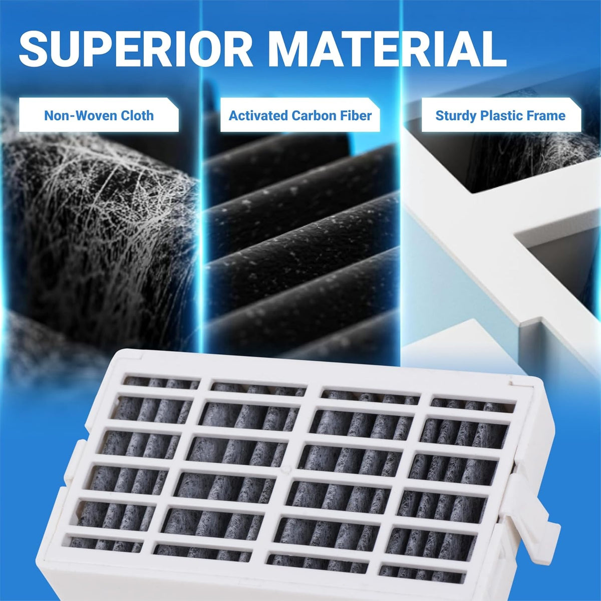 W10311524 refrigerator air filter showing non-woven cloth, activated carbon fiber, and sturdy plastic frame construction.