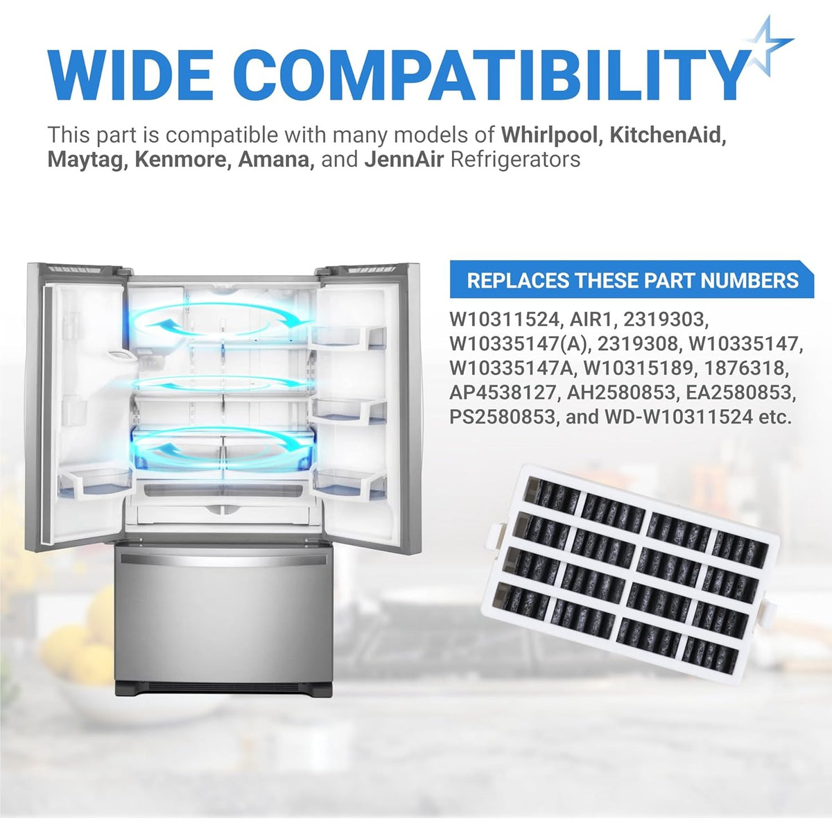 Infographic showing W10311524 refrigerator air filter compatibility and replacement part numbers.