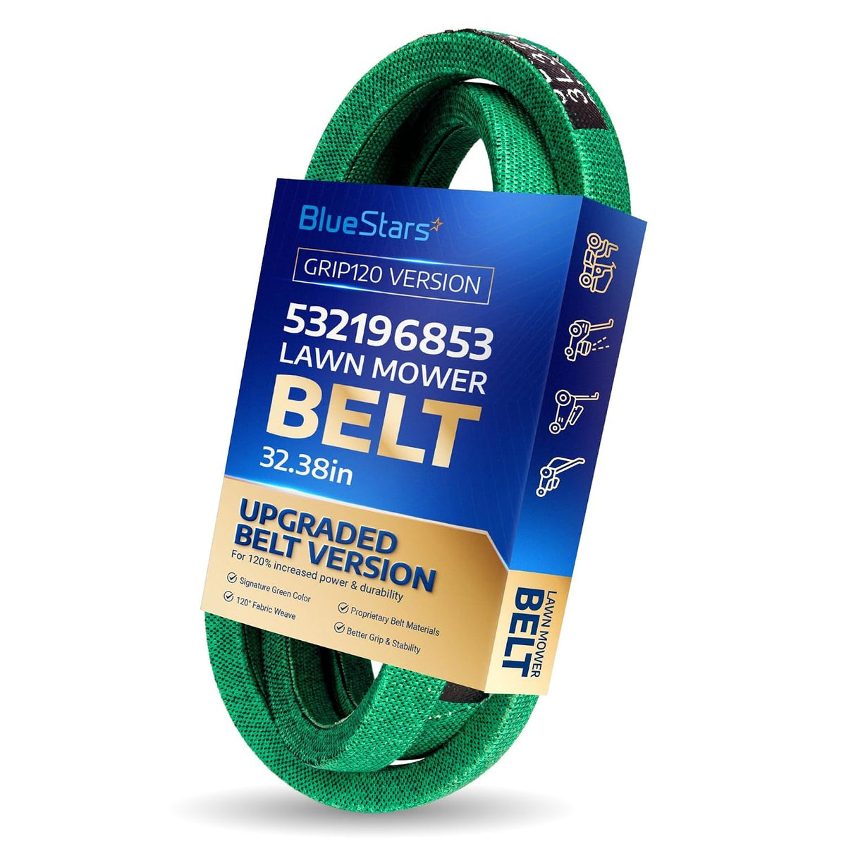 532196853 Drive Belt shown coiled with BlueStars packaging labeled lawn mower belt and 32.38in