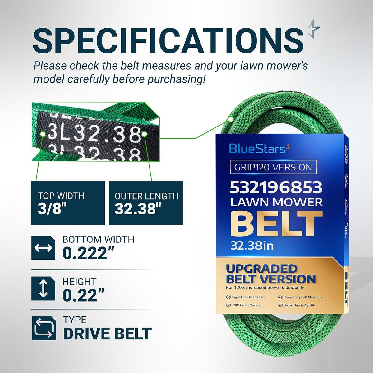 532196853 Drive Belt, specs graphic showing 3/8in top width, 32.38in outer length, 0.222in bottom width and 0.22in height.