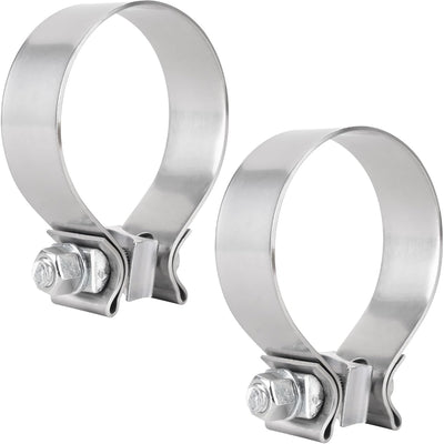Two 3-inch stainless steel narrow band exhaust clamps with bolt and nut hardware.