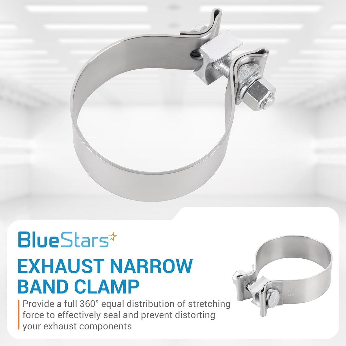 3-inch stainless steel narrow band exhaust clamp with bolt and nut fastener.