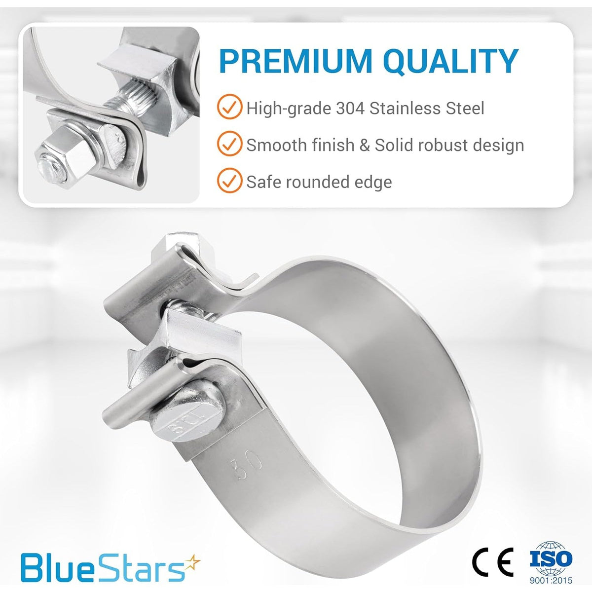 3-inch stainless steel narrow band exhaust clamp with bolt and nut hardware.