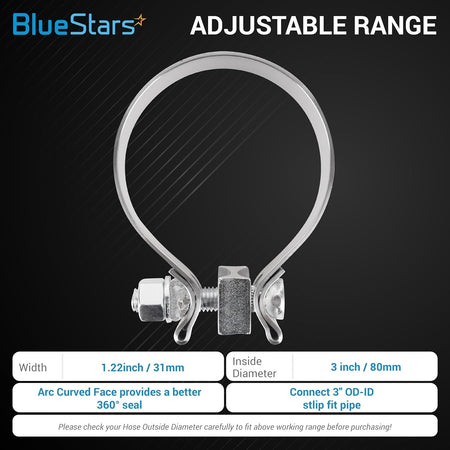 3-inch narrow band exhaust clamp with adjustable bolt mechanism and technical specifications overlay.