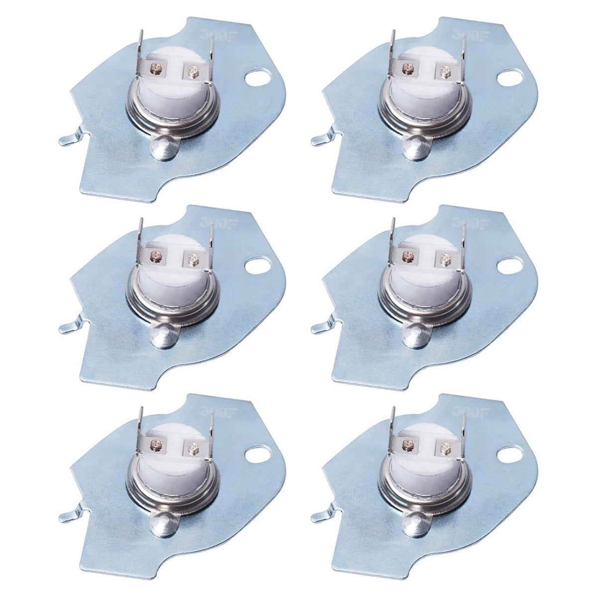 Set of six 3977393 dryer thermal fuses for Whirlpool and Kenmore dryers.