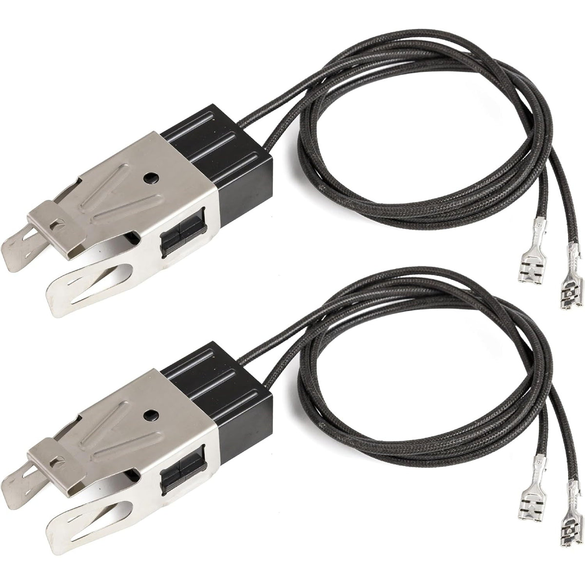 Two WB2X8228 electric range element receptacle and wire kits with metal brackets and black insulated wiring.