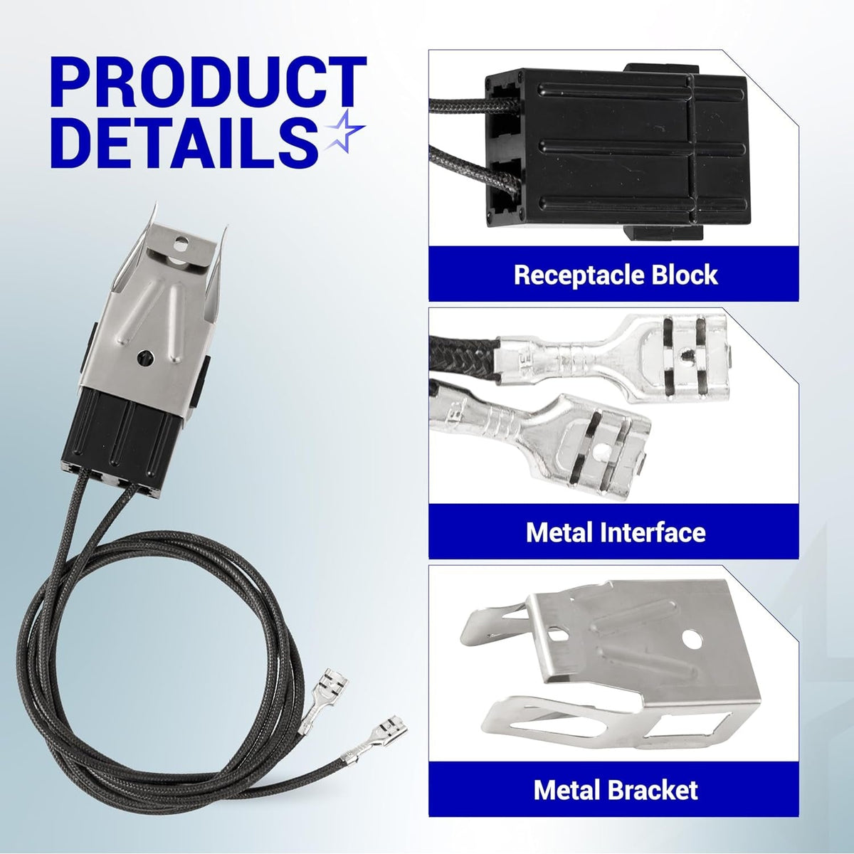 WB2X8228 range element receptacle and wire kit showing close-up details of the block, metal interface, and bracket.