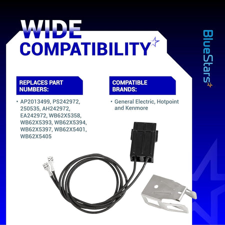 Infographic showing WB2X8228 element receptacle and wire kit compatibility for GE, Hotpoint, and Kenmore ranges.