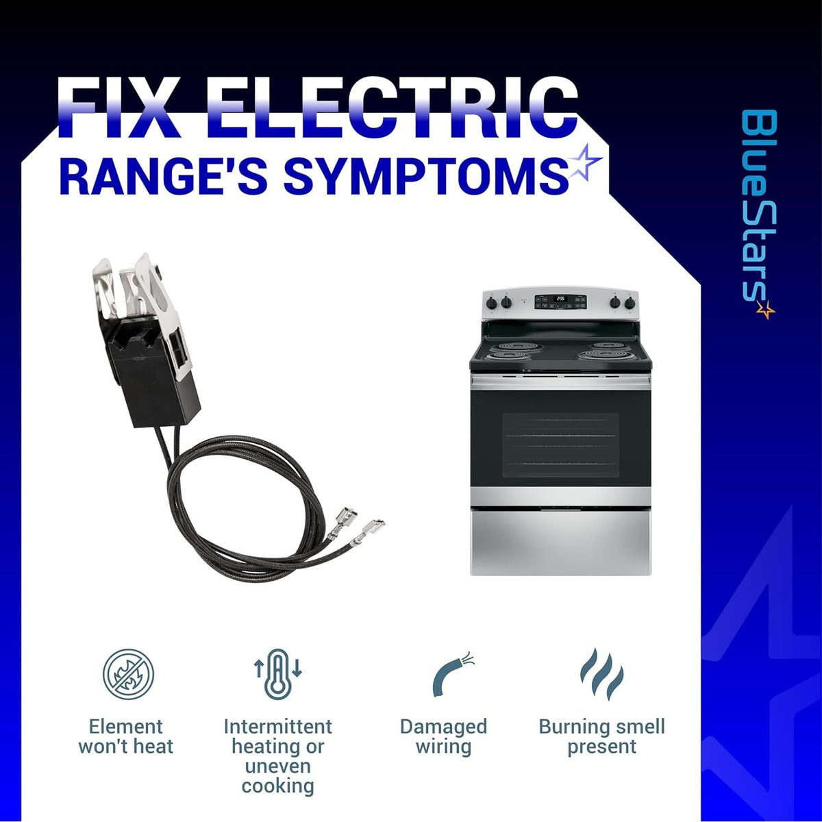 WB2X8228 element receptacle and wire kit for electric ranges with troubleshooting symptom guide.