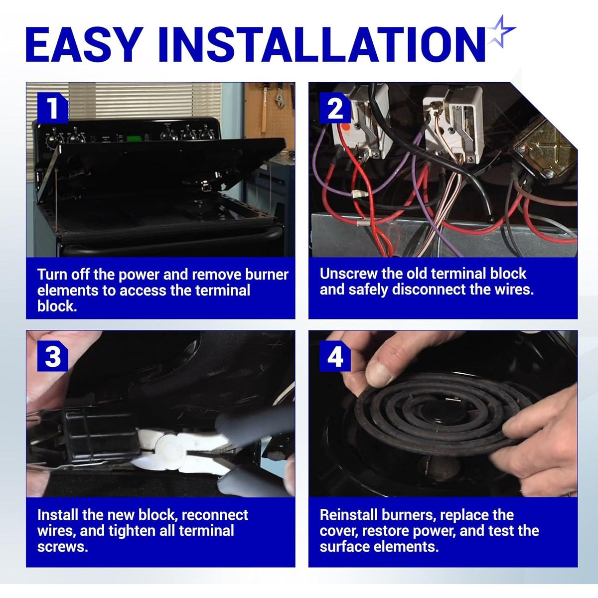 Four-step installation guide for WB2X8228 electric range element receptacle and wire kit.