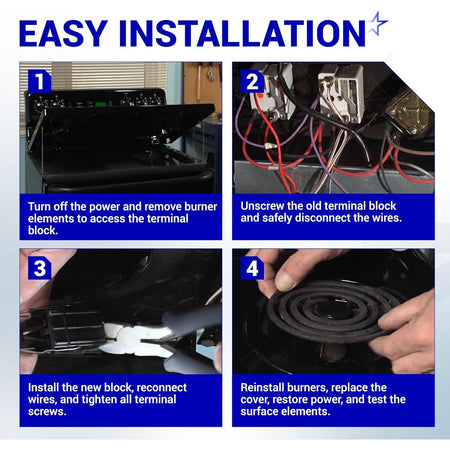 Four-step installation guide for WB2X8228 electric range element receptacle and wire kit.