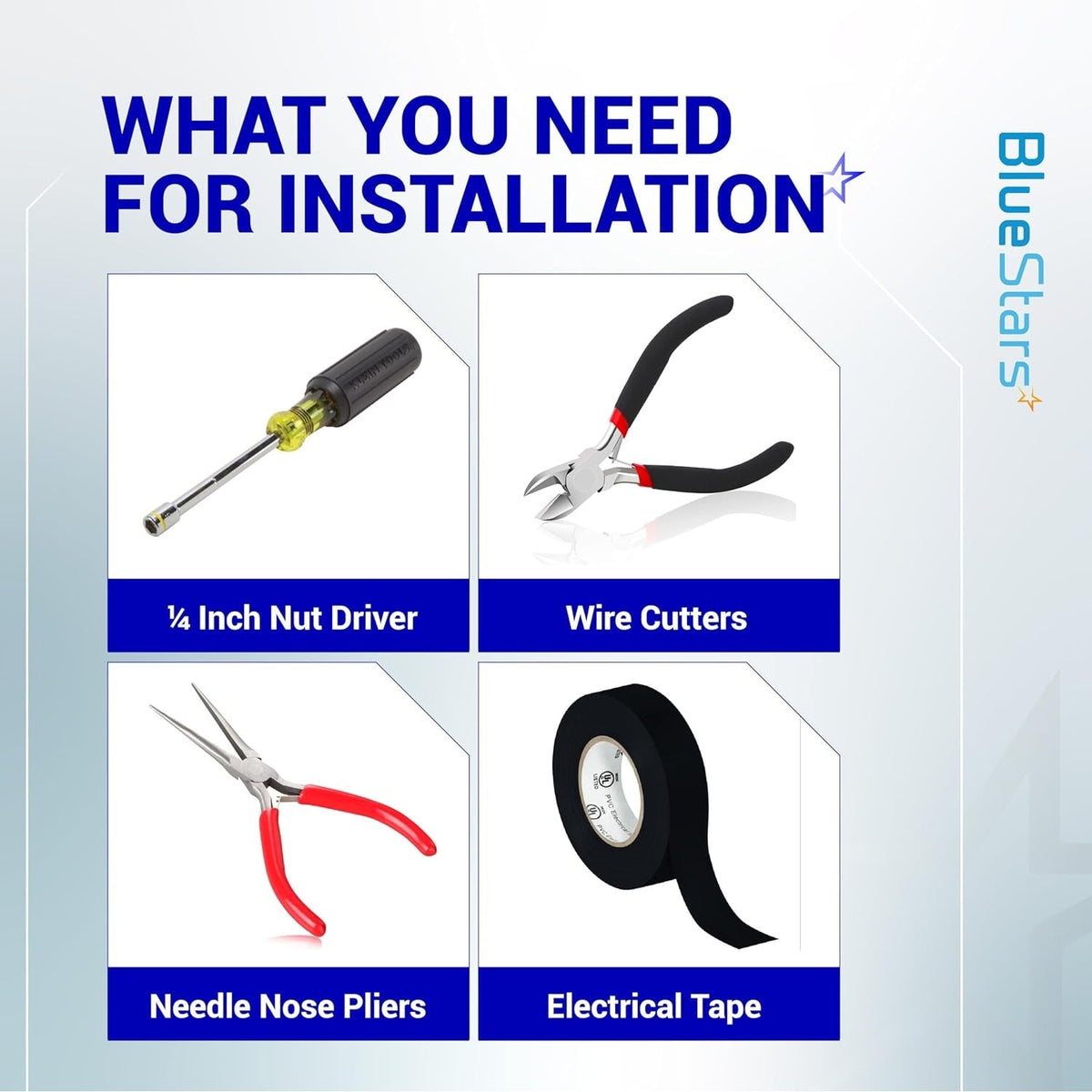 Tools required for installing WB2X8228 element receptacle: nut driver, wire cutters, needle nose pliers, and electrical tape.