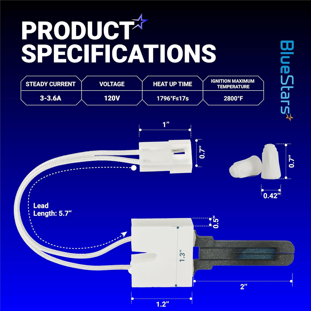 Dimensional diagram of dryer igniter DC47-00022A showing technical specifications, lead length, and component measurements.