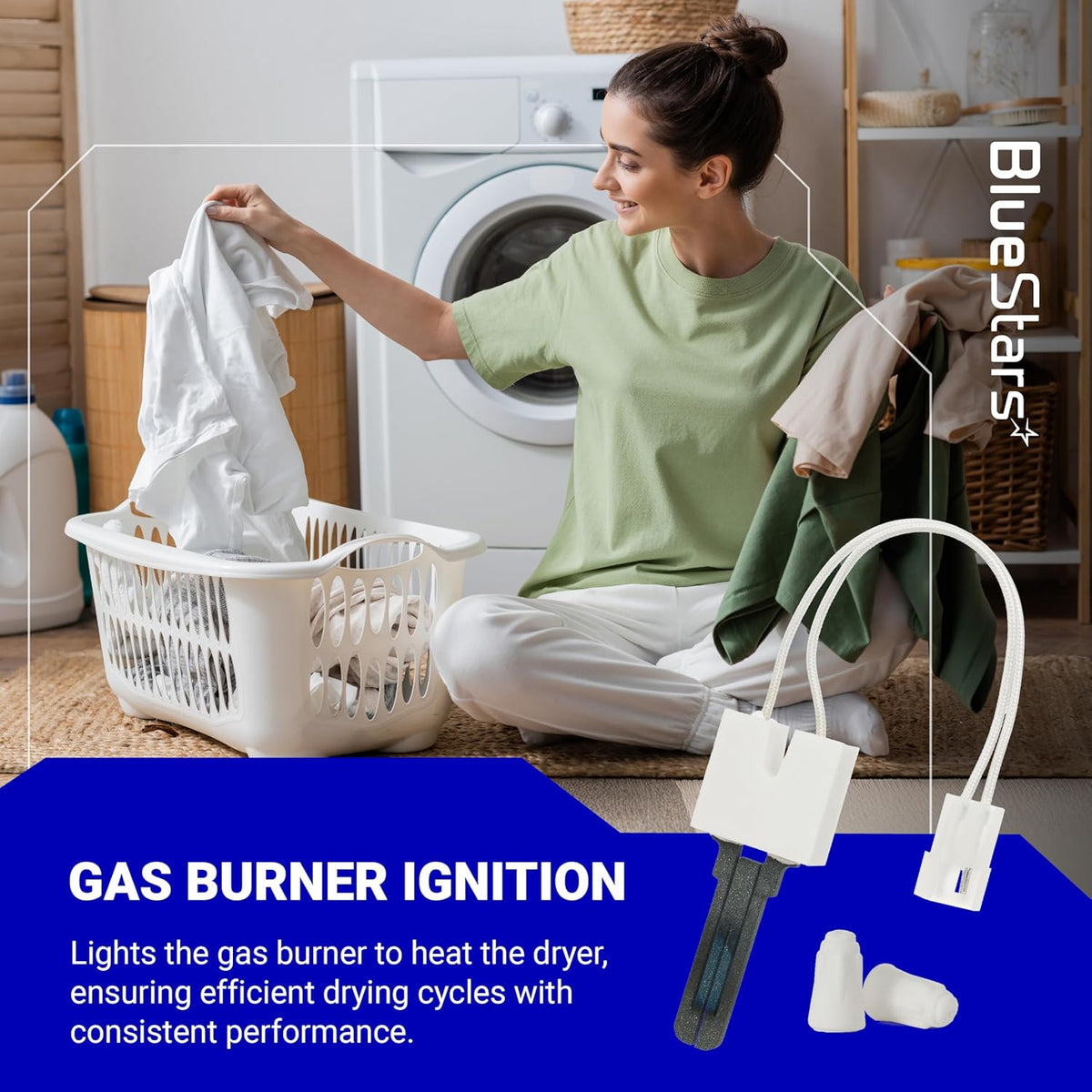 Dryer igniter replacement part for Samsung, Kenmore, Amana, and Maytag dryers shown in a lifestyle product graphic.
