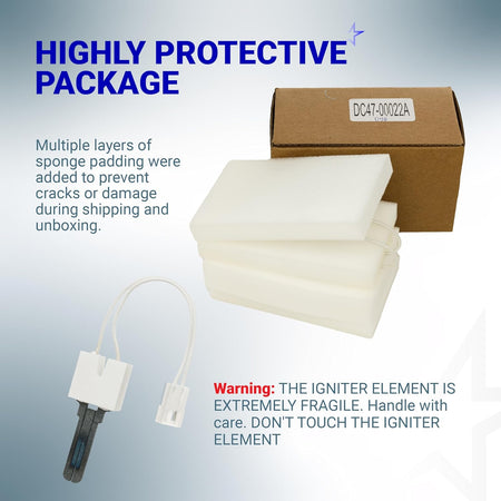Protective packaging for dryer igniter DC47-00022A with foam padding and warning label.
