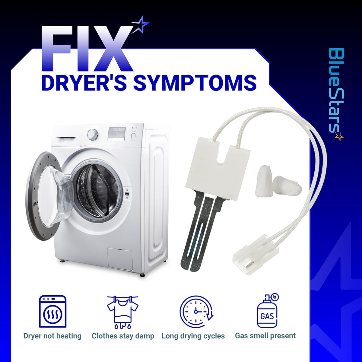 Dryer igniter replacement part with symptoms infographic for Samsung, Kenmore, Amana, and Maytag dryers.