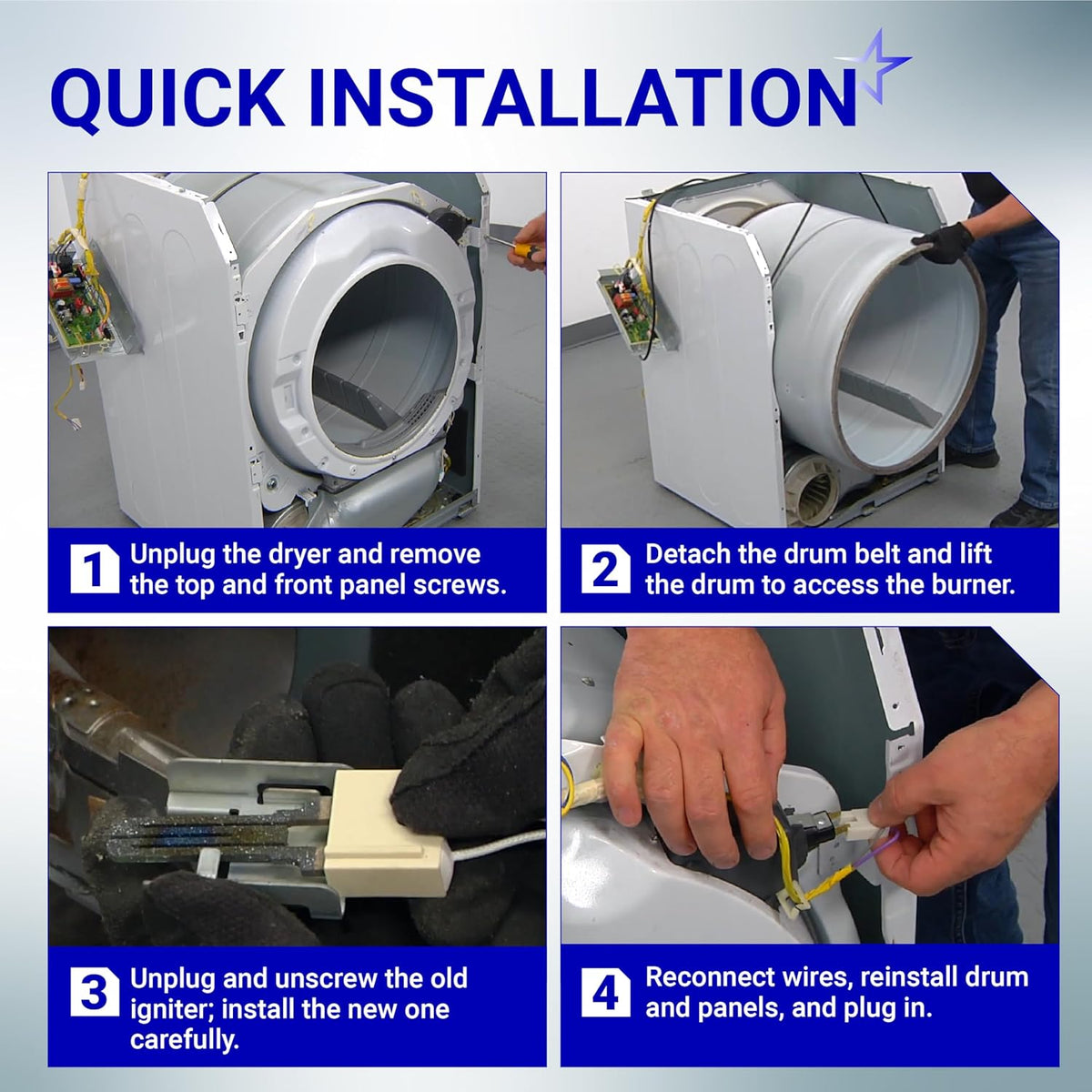 Four-step installation guide for replacing a dryer igniter in Samsung, Kenmore, Amana, and Maytag dryers.