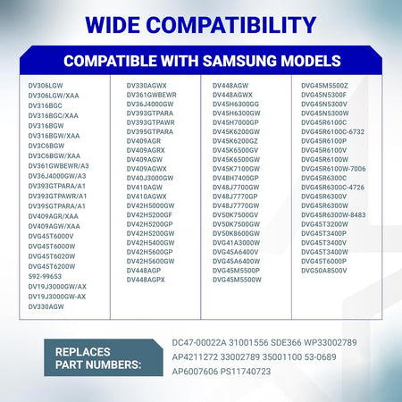 Compatibility chart for dryer igniter replacement parts listing Samsung model numbers and part numbers.