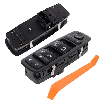 Power master window switch 68139805AB with orange trim removal tool, showing front and back views.